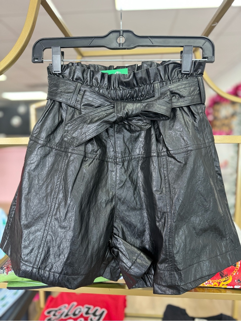 Paperbag Waist Faux Leather Shorts - Black